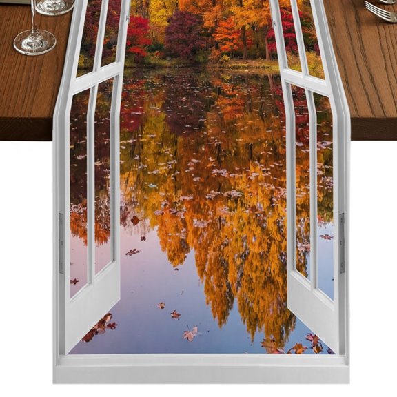 Window View Burlap Cotton Table Runner 16x72 Inches Long, Fall Maple Trees Countryside Falling Leaves Farmhouse Table Runners, Outdoor Dining Tablecloths Decor for Baby Shower/Party/Wedding