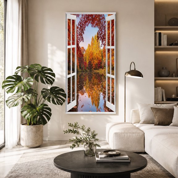 Window View Canvas Wall Art for Living Room, Fall Country Orange Maple Trees Fallen Leaf Rustic Lake Poster Print Painting for Bedroom Office Home Decoration Wall Pictures Prepare To Hang 30"x60"