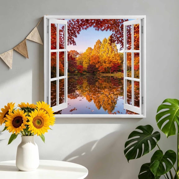 Window View Canvas Wall Art for Living Room, Fall Country Orange Maple Trees Fallen Leaf Rustic Lake Poster Print Painting for Bedroom Office Home Decoration Wall Pictures Prepare To Hang 10"x10"