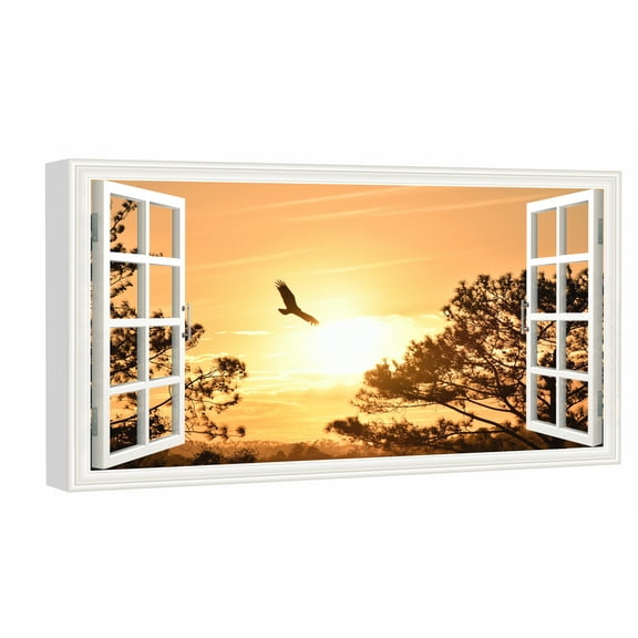 Window View of Eagle Flying Towards Sunset Canvs Art Fake Open Window Wall Art Eagle Flying Towards Sunset Framed Painting For Livingroom Office Bedroom Ready to Hang