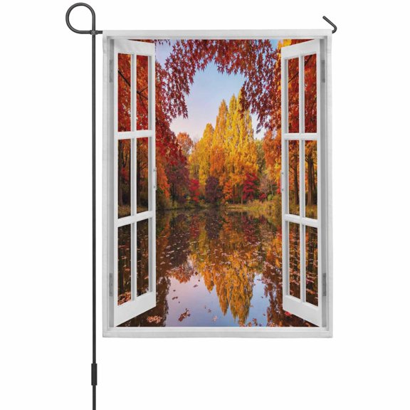 Window View Garden Flags For Outdoor, Fall Country Orange Maple Trees Fallen Leaf Rustic Lake Small Double Side Yard Flags Weather Proof Garden Decor for Lawn Outside Holiday 12 x 18 Inches