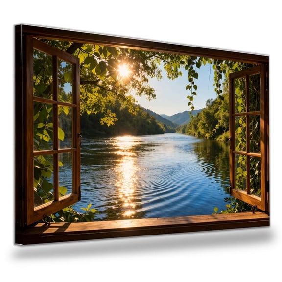Window View Lake Nature Landscape Peaceful River Scenery Rustic Cabin Window Artwork Serene Nature Poster , Poster Print Only