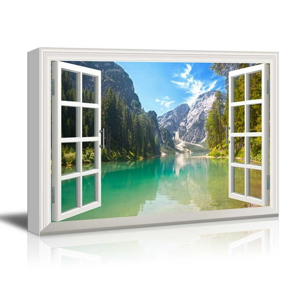 Window View Nature Landscape with Clear River and Forest in Mountains Gallery 16x24 inches