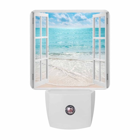Window View Night Lights, Summer Coastal Sky Blue Ocean White Waves Sandy Beach Smart Auto Dusk to Dawn Sensor Nightlights Plug-in Nightlight for Bedroom Bathroom Living Room Kitchen Hallway