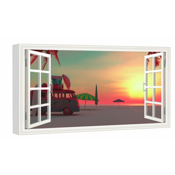 Window View of Picnic Van Beach Minimalism Canvs Art Fake Open Window Wall Art Picnic Van Beach Minimalism Framed Painting For Livingroom Office Bedroom Ready to Hang