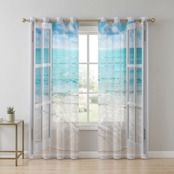 Window View Sheer Curtains 96 Inch Long 2 Panels, Summer Coastal Sky Blue Ocean White Waves Sandy Beach Light Filtering Semi Sheer Drapes Grommet Voile Window Curtain for Living Bedroom W52 x L96