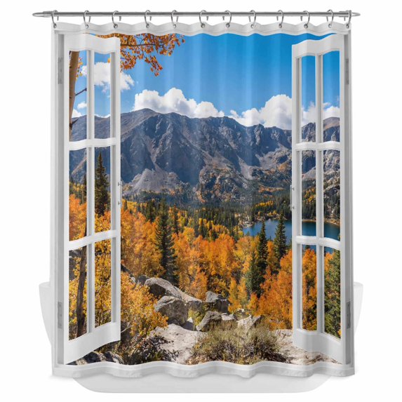 Window View Shower Curtain - Water Repellent Fabric Shower Curtains Washable, Autumn Mountain Fall Maple Trees Decorative Polyester Cloth Bathroom Curtains Modern Bath Decor 72"x72"