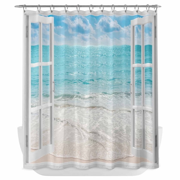 Window View Shower Curtain - Water Repellent Fabric Shower Curtains Washable, Summer Coastal Turquoise Sea Water Waves Decorative Polyester Cloth Bathroom Curtains Modern Bath Decor 72"x72"