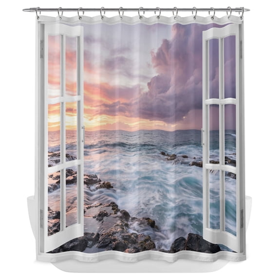 Window View Shower Curtain - Water Repellent Fabric Shower Curtains Washable, Sunset Coastal Nautical Ocean Waves Decorative Polyester Cloth Bathroom Curtains Modern Bath Decor 72"x72"
