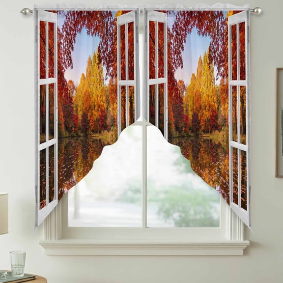 Window View Swag Kitchen Curtain Valances, Fall Country Orange Maple Trees Fallen Leaf Rustic Lake Rod Pocket Curtains Window Treatment Decor Valances for Bedroom Bathroom, 2 Panels 36 x 36 Inch