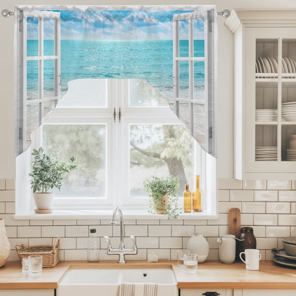 Window View Swag Valance for Windows, Summer Coastal Sky Blue Ocean White Waves Sandy Beach Swag Curtains Valances for Small Window Treatment Rod Pocket for Kitchen Bathroom 1 Panel 56x36in