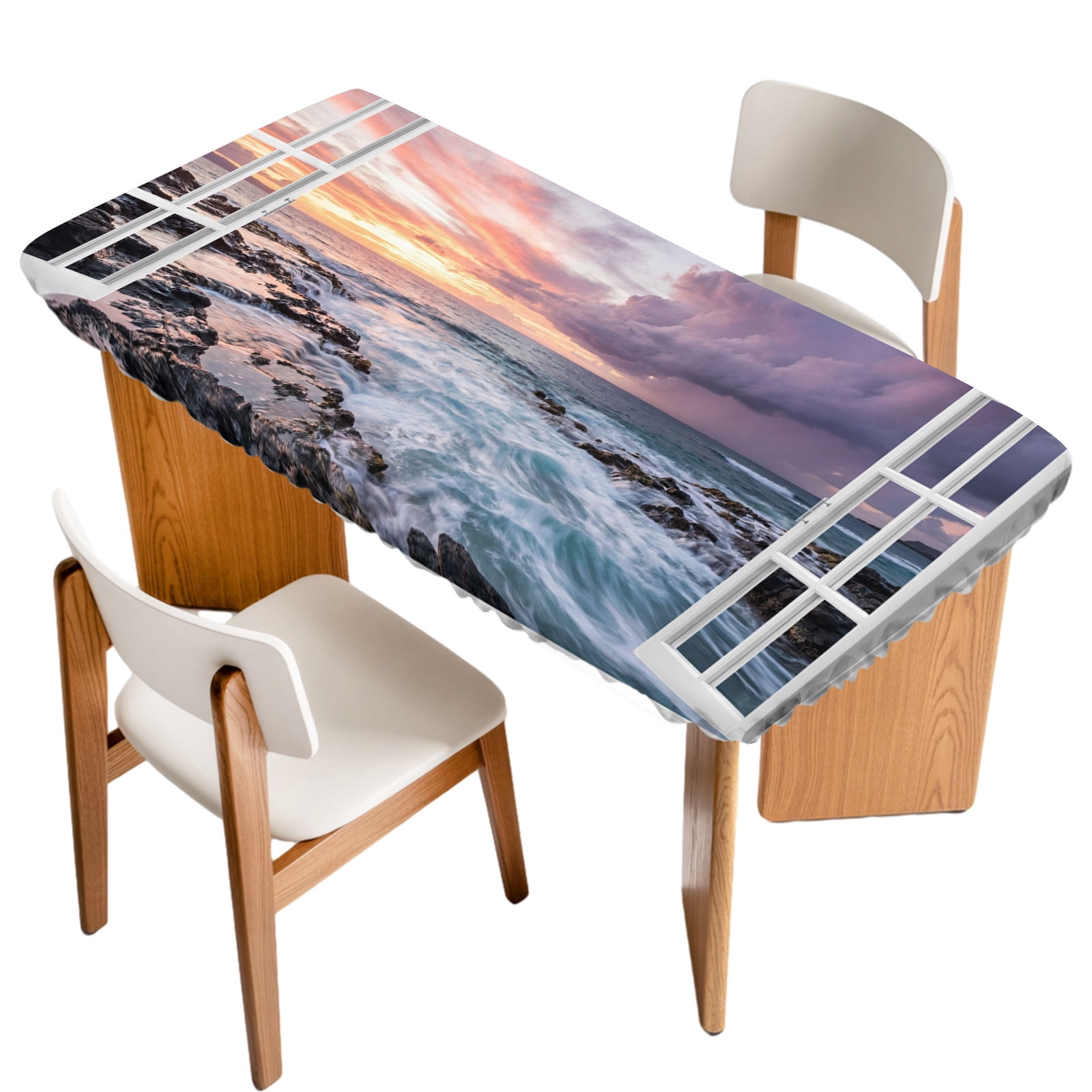 Sunset Rectangle Photo Window View Table Cloths for 6 Foot Rectangle Tables, Sunset Coastal ...