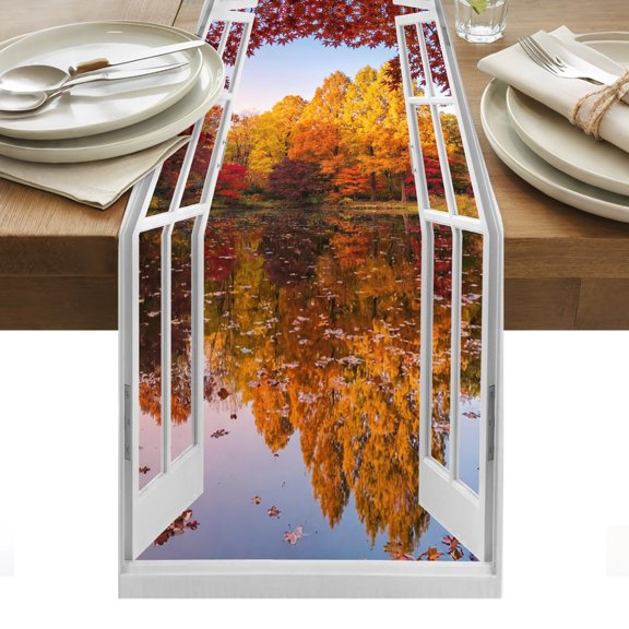 Window View Table Runner, Fall Country Orange Maple Trees Fallen Leaf Rustic Lake Washable Kitchen Table Runners for Dining Table Decorations Party/Restaurant/Indoor Outdoor Use, 13x36in