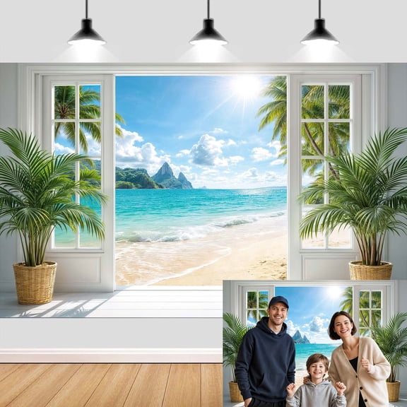 Window View Tropical Beach Backdrop , Coastal Ocean Scene Photography Background, Summer Beach Window Wall Decor Backdrop for Home Party Photoshoot, Palm Tree & Seaside View Photo Booth Prop 7x5ft