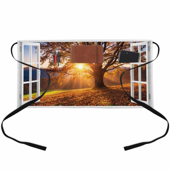 Window View Waitress Apron with 3 Pockets, Fall Sunrise Fallen Leaves Old Oak Tree Server Aprons Waterproof Kitchen Restaurant Half Waist Apron for Men Women