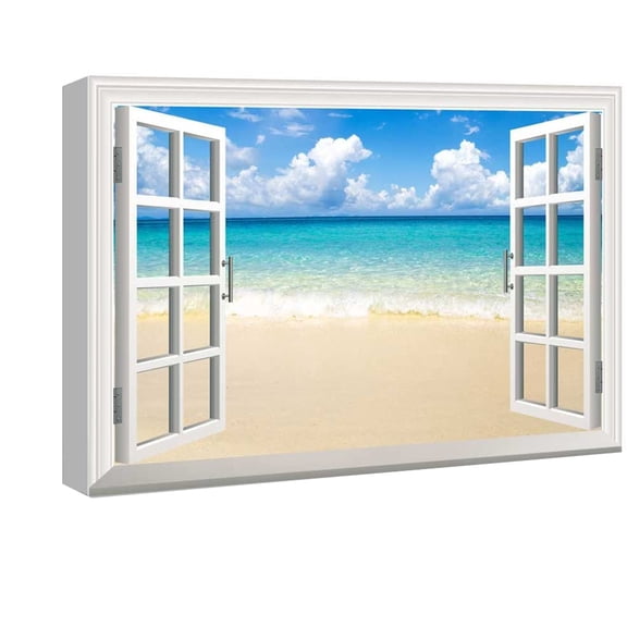 Window View Wall Art 3D Creative Beach Picture Gallary Wrapped Canvas Art For Bedroom Livingroom Decoration Print Ready to Hang