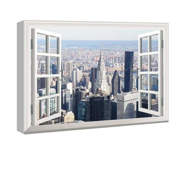 Window View Wall Art 3D Creative City Picture New York City Gallary Wrapped Canvas Art For Bedroom Livingroom Decoration Print Ready to Hang