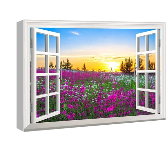 Window View Wall Art 3D Creative Flower Picture Gallary Wrapped Canvas Art For Bedroom Livingroom Decoration Print Ready to Hang