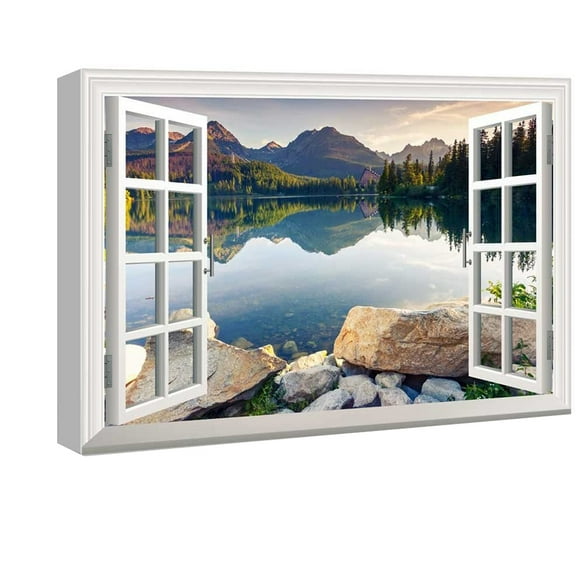 Window View Wall Art 3D Creative Lake Picture Gallary Wrapped Canvas Art For Bedroom Livingroom Decoration Print Ready to Hang