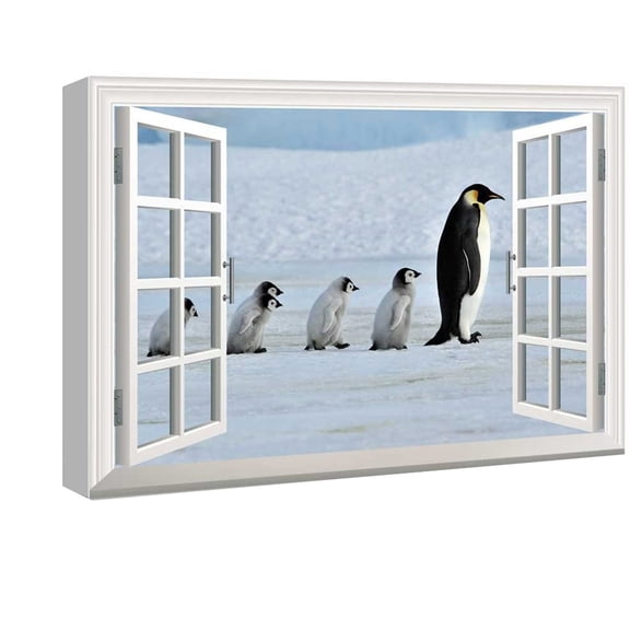 Window View Wall Art 3D Creative Penguin Picture Icy Antarctica Gallary Wrapped Canvas Art For Bedroom Livingroom Decoration Print Ready to Hang