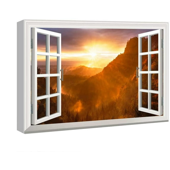 Window View Wall Art 3D Creative Smoky Mountain Picture Gallary Wrapped Canvas Art For Bedroom Livingroom Decoration Print Ready to Hang