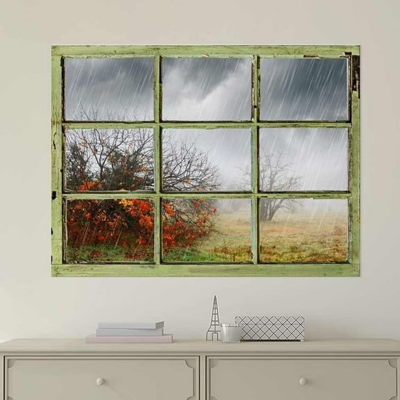 Window View Wall Mural - Heavy Rain - Vintage Style Wall Decor - Peel and Stick Adhesive Vinyl Material - 24x32 inches