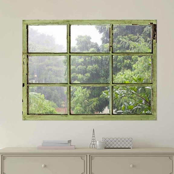 Window View Wall Mural - It's Raining Heavily Outside - Vintage Style Wall Decor - Peel and Stick Adhesive Vinyl Material - 36x48 inches