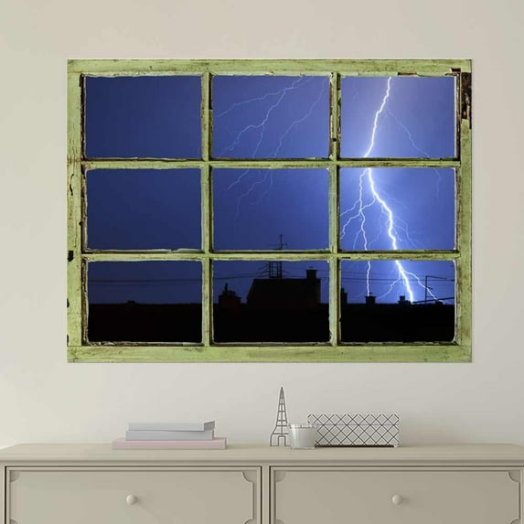Window View Wall Mural - Lightning in Dark Night Sky - Vintage Style Wall Decor - Peel and Stick Adhesive Vinyl Material - 36x48 inches