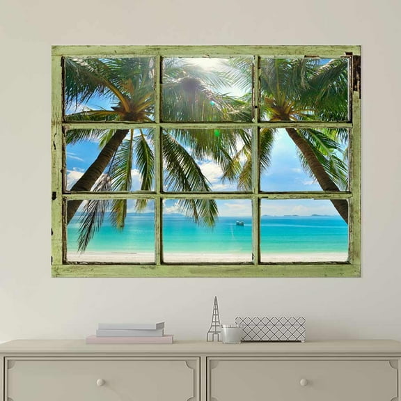 Window View Wall Mural - Palm Tree and Calm Tropical Sea - Vintage Style Wall Decor - Peel and Stick Adhesive Vinyl Material - 36x48 inches
