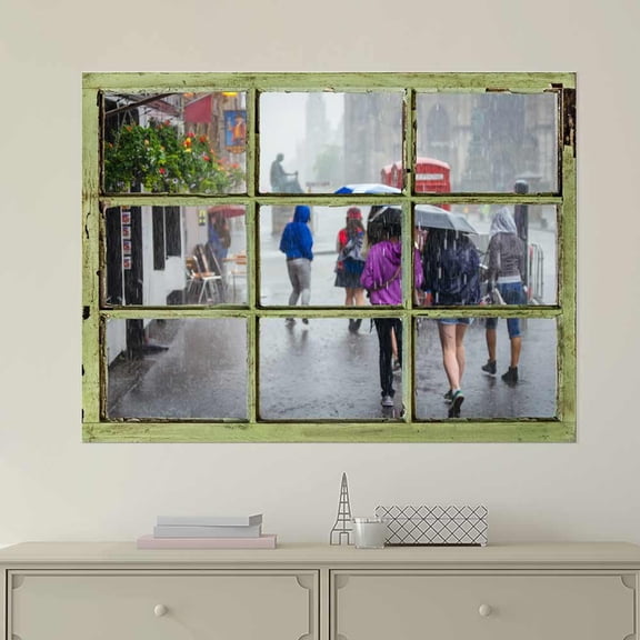 Window View Wall Mural - People Walking in The Rain on The Street - Vintage Style Wall Decor - Peel and Stick Adhesive Vinyl Material - 36x48 inches
