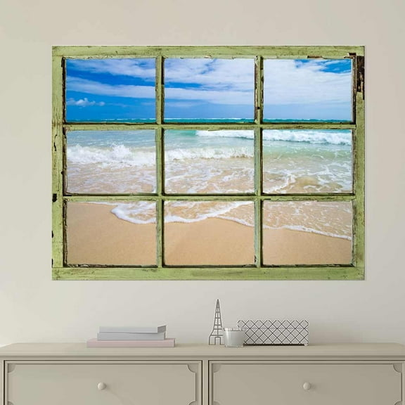 Window View Wall Mural - Tropical Beach and Clear Sea Waves - Vintage Style Wall Decor - Peel and Stick Adhesive Vinyl Material - 36x48 inches