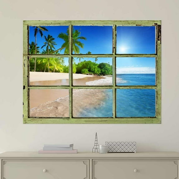 Window View Wall Mural - Tropical Beach with Palm Trees - Vintage Style Wall Decor - Peel and Stick Adhesive Vinyl Material - 24x32 inches