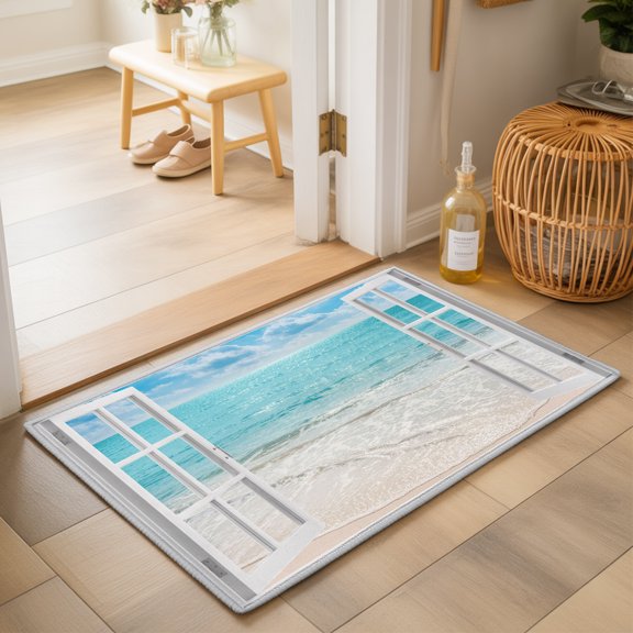 Window View Washable Small Entryway Area Rugs 2'x3', Summer Coastal Sky Blue Ocean White Waves Sandy Beach Washable Throw Rug Non-Slip Sturdy Edge Binding Carpet for Front Door Floor Room Entry