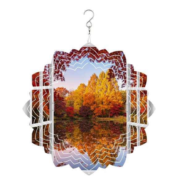 Window View Wind Spinner for Garden Yard 8In, Fall Country Orange Maple Trees Fallen Leaf Rustic Lake 3D Stainless Steel Kinetic Hanging Wind Spinners Rustproof Outdoor Decor for Lawn Patio Home