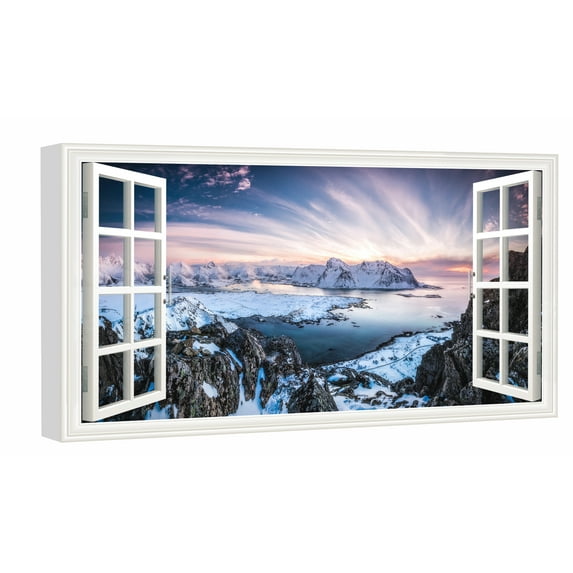 Window View of Lofoten Norway Canvs Art Fake Open Window Wall Art Snow Mountain Framed Painting For Livingroom Office Bedroom Ready to Hang