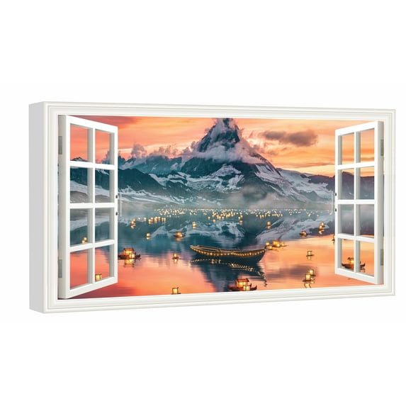 Window View of Snow Mountain Canvs Art Fake Open Window Wall Art Lake Snow Mountain Framed Painting For Livingroom Office Bedroom Ready to Hang