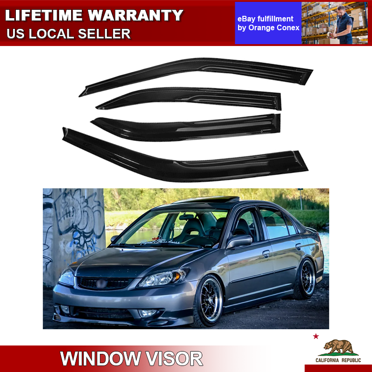 Gearzaar JDM Mugen Style Window Visors For 1996-2000 Honda Civic Sedan - 4 Piece Set, Black Acrylic, Tape-On