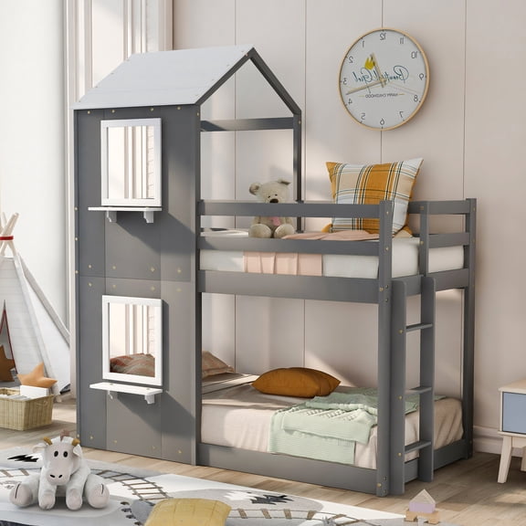 Window Wall, Ladder with Good Footing - Twin Bunk Bed for Secure Climbing