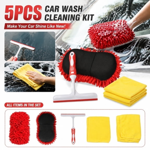 Window Washing Kit, Car Kit Interior, Supplies, Detailing Supplies, 5-In-1 Car Wash and Window Bundle Features 3 Absorbent Microfiber Cloths, 1 Durable Chenille Car Wash Sponge, 1