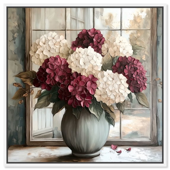 Window Wine Maroon Vase Canvas Floral Glam Art by Art Remedy, White Frame, 40" x 40"