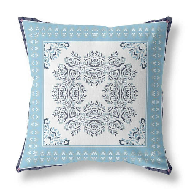 Window Wreath Palace Indoor/Outdoor Pillow in White Blue Indigo 26x26