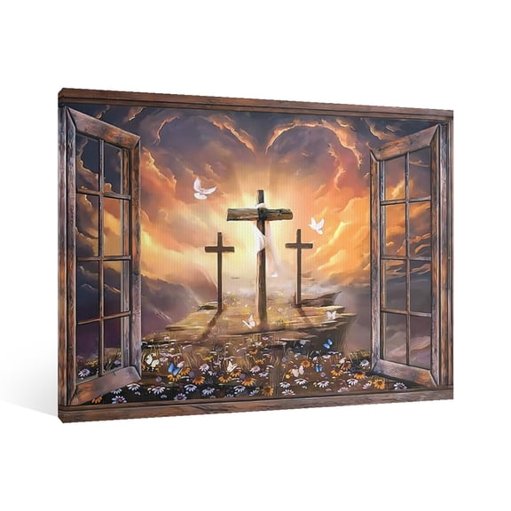 Window frame, Sunset painting, Path to heaven, The three crosses, Landscape Canvas Wall Art Print,Christian Canvas Print Posters, Religious Christian Gifts Home Wall Decor for Church Living Room