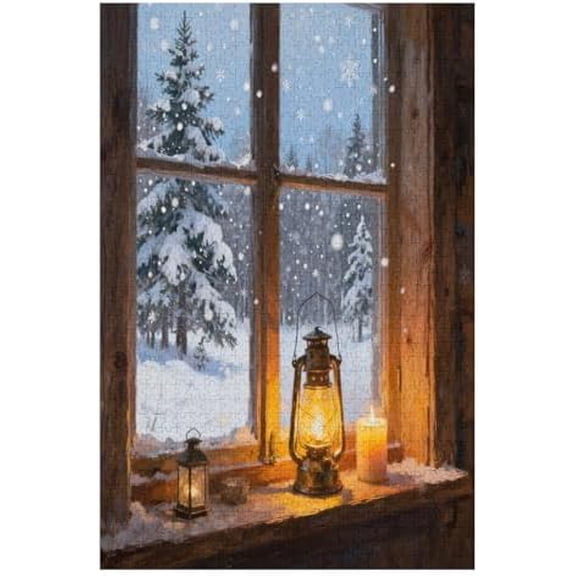 Window in Winter Jigsaw Puzzle for Adults 500 Pieces, Lettered Back, Poster Included, Home Decor & Birthday Party Game, 20.5x15 Inch