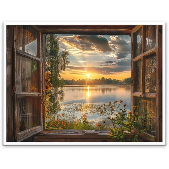Window view Canvas Lake View Mural Green natural landscape wall art Printing window room Wall art Large wall art living room wall decoration home decoration 11x14 poster Unframed