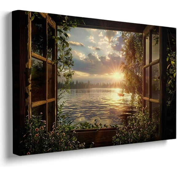Window view canvas Lake view Mural Green natural landscape wall art printing window room wall artist installed large canvas wall art living room wall decoration 12x16 poster frame wall art