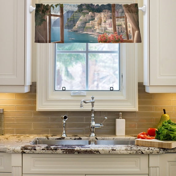 Window with Houses Flowers Curtain Valances Farmhouse Design Window Treatment Decor Blackout Rod Pocket for Windows Living Room Kitchen 54" x 18"