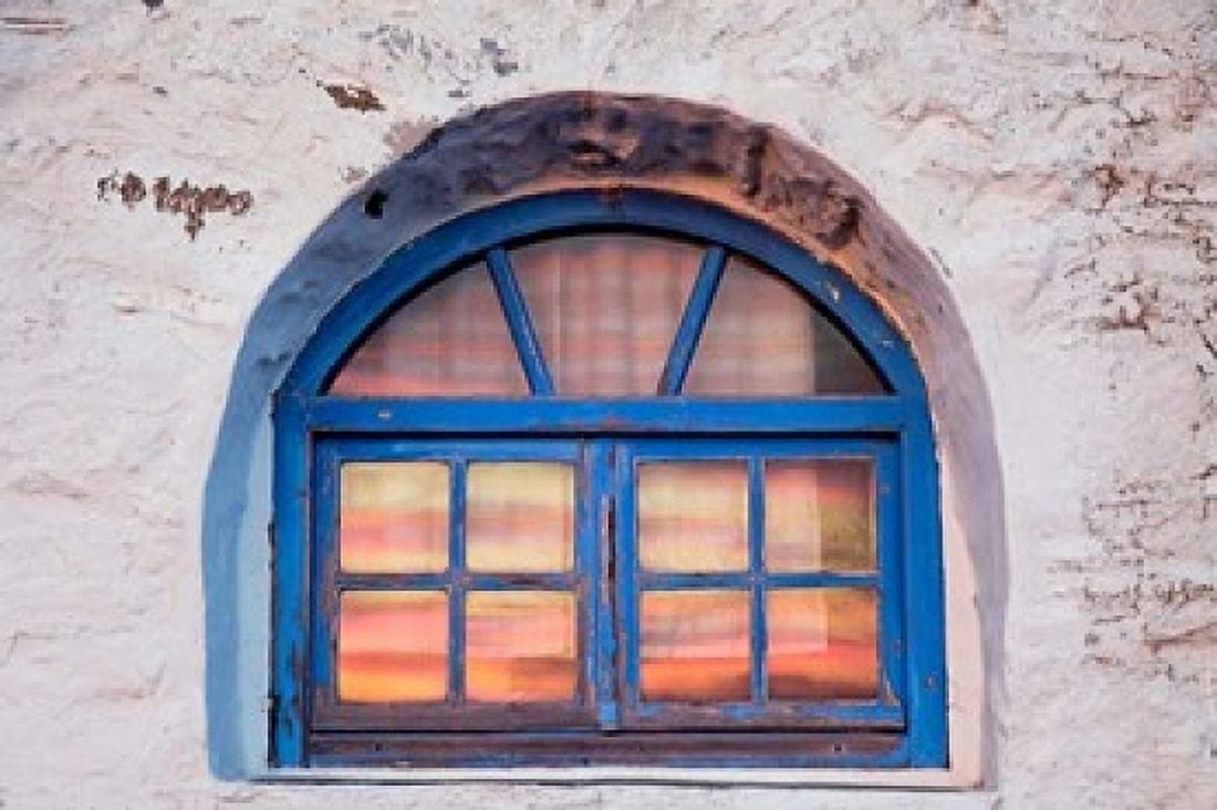 Window with sunset reflection Mykonos Greece Canvas Art - Adam Jones DanitaDelimont (35 x 23)