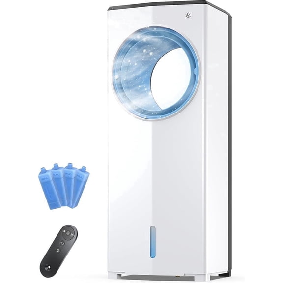 Windowless Portable Evaporative Air Swamp Cooler, 26.1" Small Air Cooler for Room No Window, 3-Speed Settings, 4 Modes, 7H Timer, Remote Control, 4 Ice Packs, Quiet AC Unit for Bedroom, BLACK