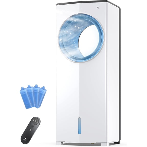 Windowless Portable Evaporative Conditioner, 27" Bladeless Fan with Dual Tanks for 24H Cooling, 4 Modes & 3 Speeds, Remote & Timer, 360° Swing for Indoor Use