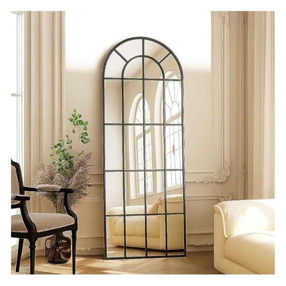 Windowpane Arched Full Length Mirror, 69"x25" Inch Wall Mounted Mirror with Metal Frame, Farmehouse Grid-Designed Decorative for Entryway, Living Room, Home Decor, Black